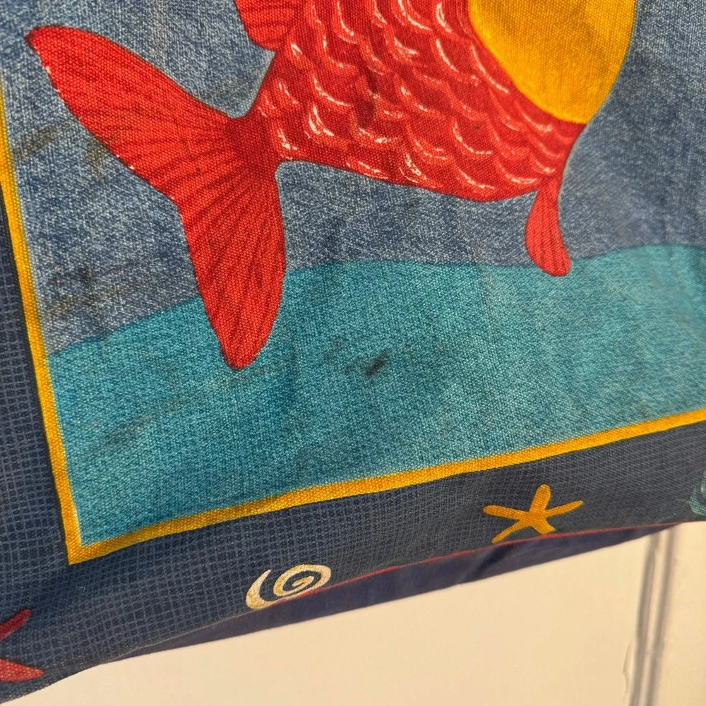 Vtg 90s Nautical Fish Canvas Tote Blue Red Beach Bag Wood Charm Maximalist Sea